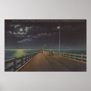 Tampa, Florida - Moonlit View of Gandy Bridge Poster