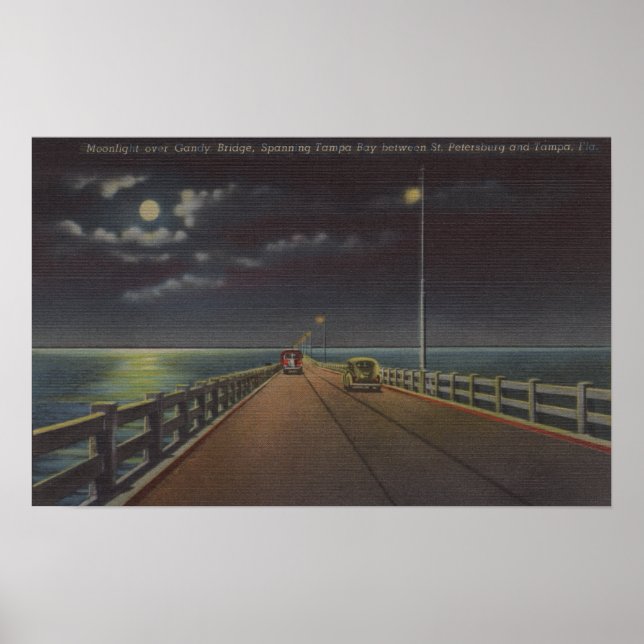 Tampa, Florida - Moonlit View of Gandy Bridge Poster (Front)