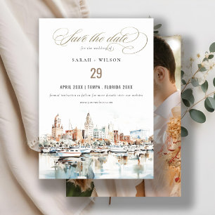 Tampa Florida Skyline Watercolor Wedding Photo Save The Date