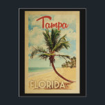 Tampa Postcard Palm Tree Vintage Travel<br><div class="desc">A uniquely retro mid-century modern Tampa Florida art print in vintage travel poster style. It features a curved palm tree on sandy beach with ocean under a blue cloudy sky.</div>