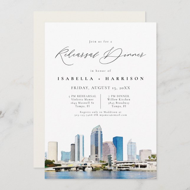 TAMPA Watercolor Skyline Florida Rehearsal Dinner Invitation (Front/Back)