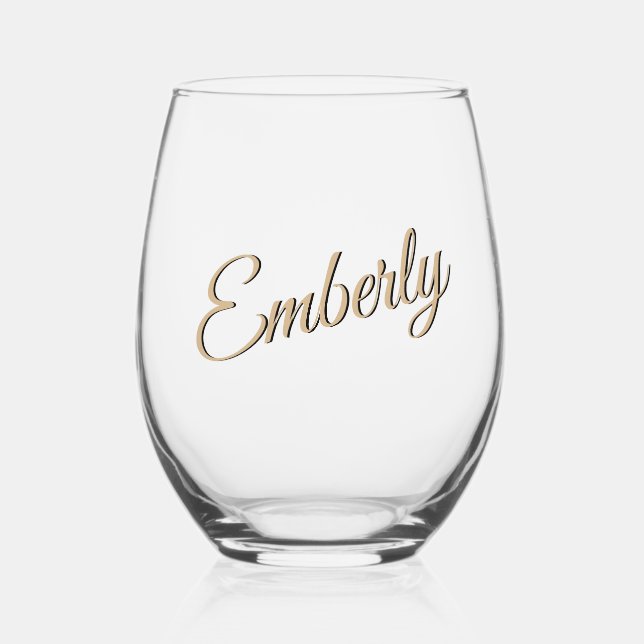 Tan 3D Minimalist Handwritten Name  Stemless Wine Glass (Front)