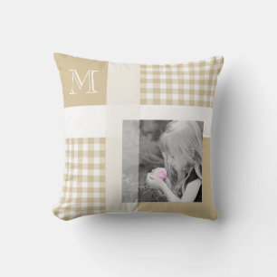 Tan Add Your Photo Gingham Modern Brown Monogram Cushion