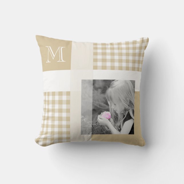 Tan Add Your Photo Gingham Modern Brown Monogram Cushion (Front)