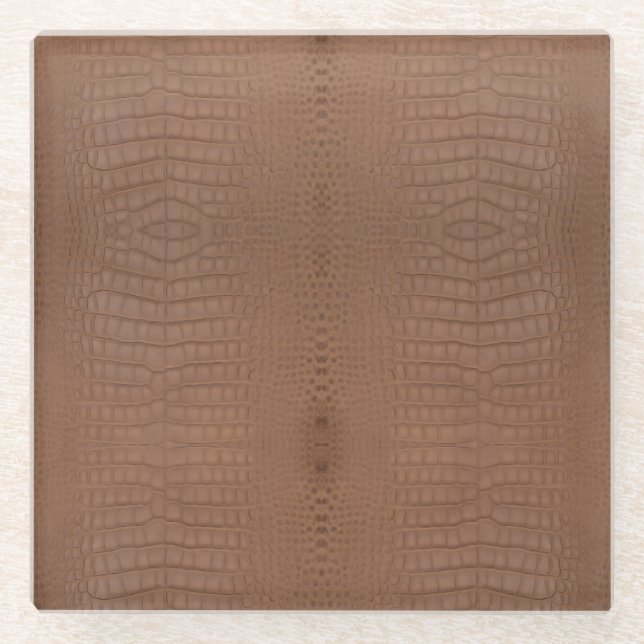Tan Alligator Texture Print Glass Coaster (Front)
