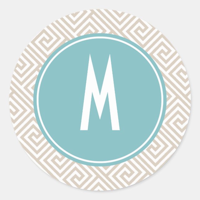 Tan and Aqua Greek Key Pattern Monogram Classic Round Sticker (Front)