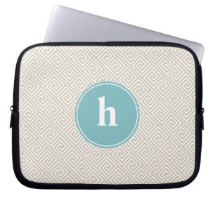 Tan and Aqua Greek Key Pattern Monogram Laptop Sleeve