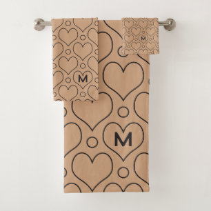 Tan and Black Love Hearts and Polka Dots pattern Bath Towel Set