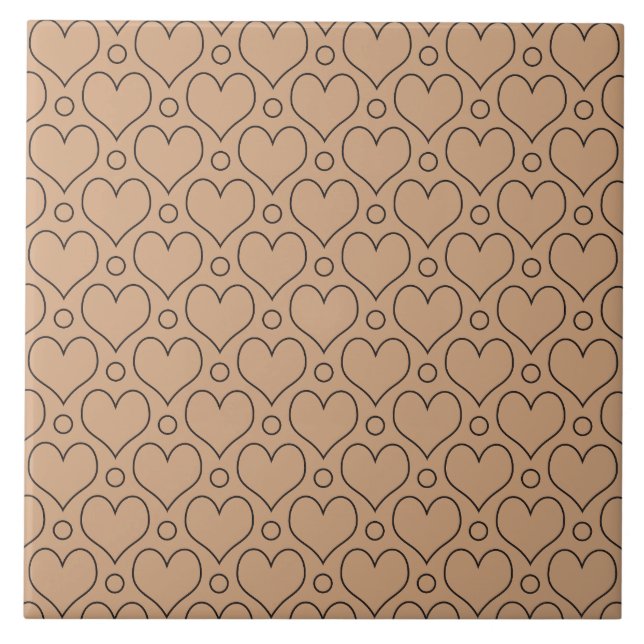 Tan and Black Love Hearts and Polka Dots pattern Ceramic Tile (Front)