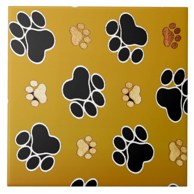 Tan and black paw print on a gold background #2 ceramic tile (Front)