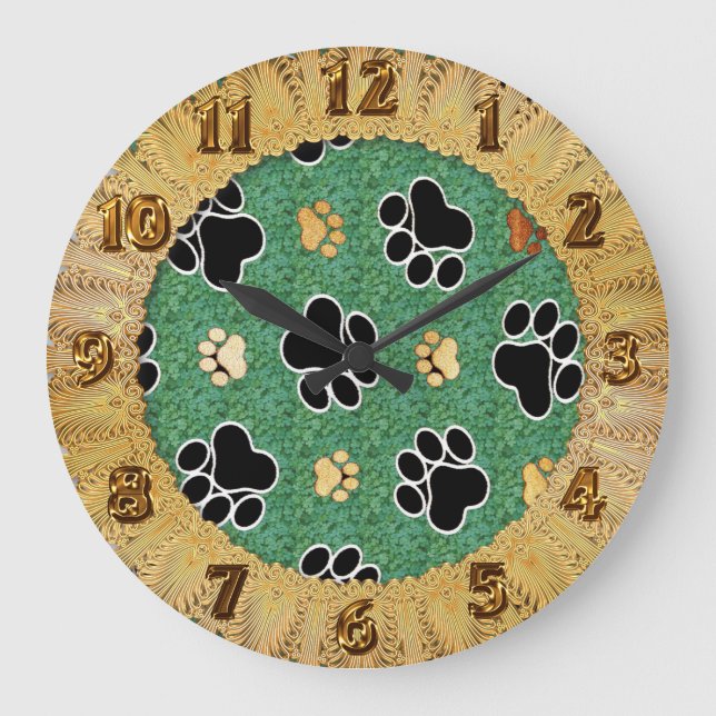 Tan and black paw print on green grass large clock (Front)
