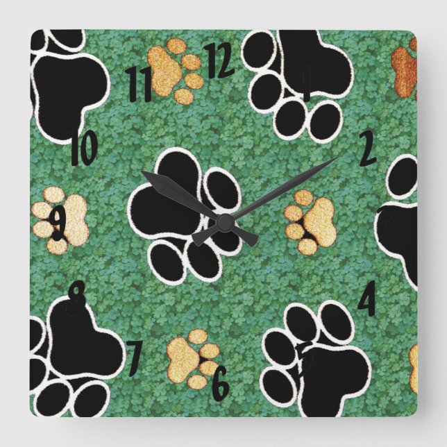 Tan and black paw print on green grass square wall clock (Front)