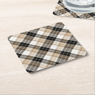 Tan and black plaid square paper coaster