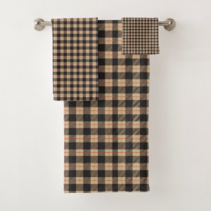 Tan and Black Red Stripe Buffalo Plaid Bath Towel Set