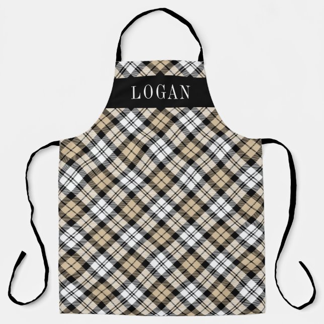 Tan and Black Watch Plaid Personalised Holiday Apron (Front)