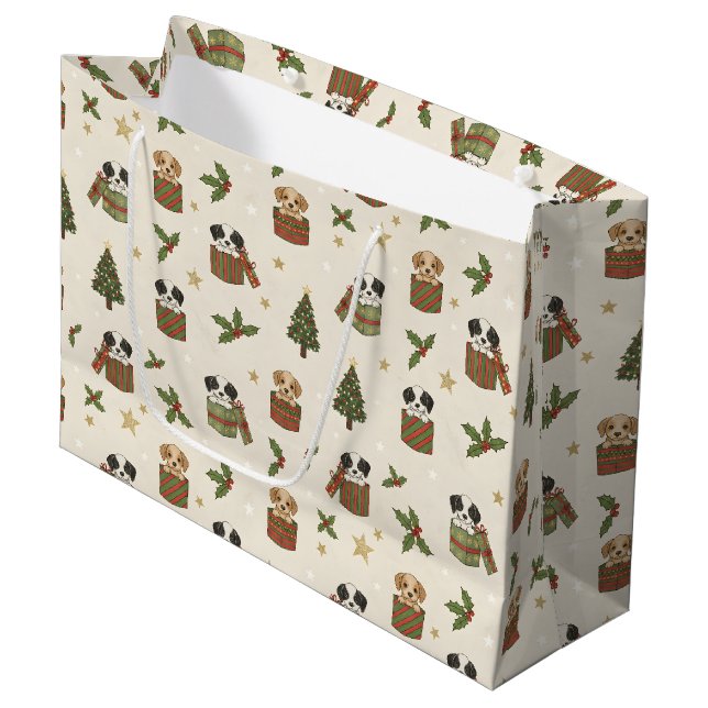 Tan and Black & White Puppies Christmas Pattern Large Gift Bag (Front Angled)