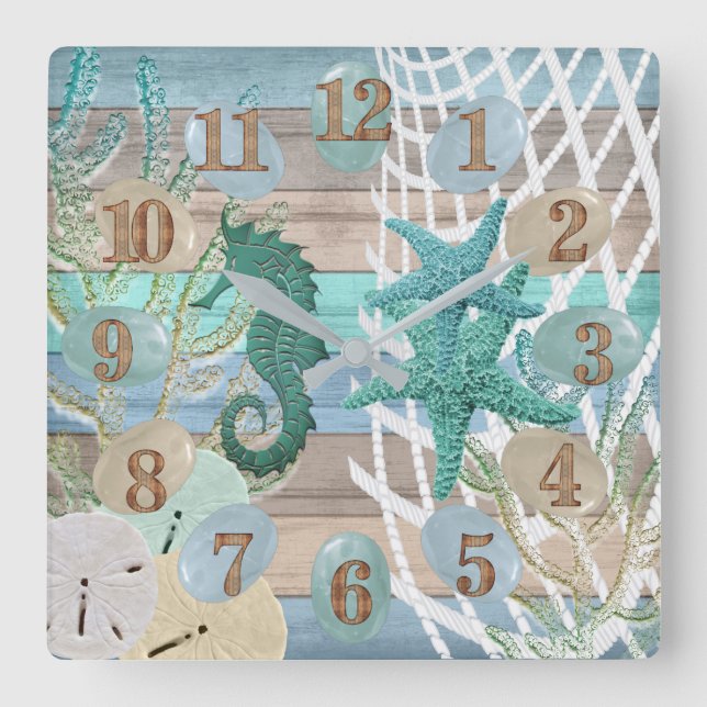 Tan and Blue Beach Wood Nautical Square Wall Clock (Front)