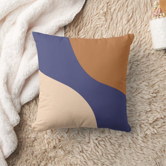 Tan and Blue Minimalist Swirl Shapes Cushion (Blanket)