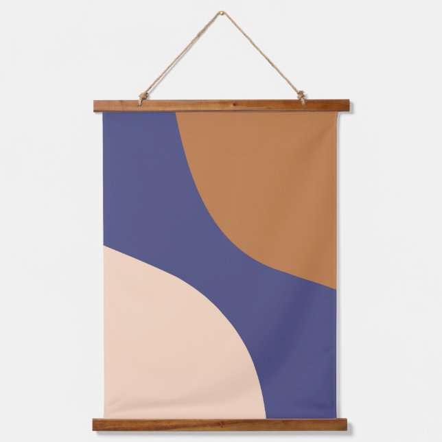 Tan and Blue Minimalist Swirl Shapes Hanging Tapestry (Front)