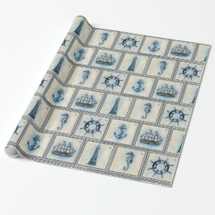 Tan and Blue Nautical Seahorses and Lighthouses Wrapping Paper