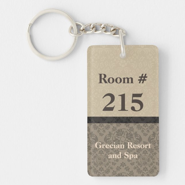 Tan and Brown Damask Hotel Rooom Key Chain (Front)