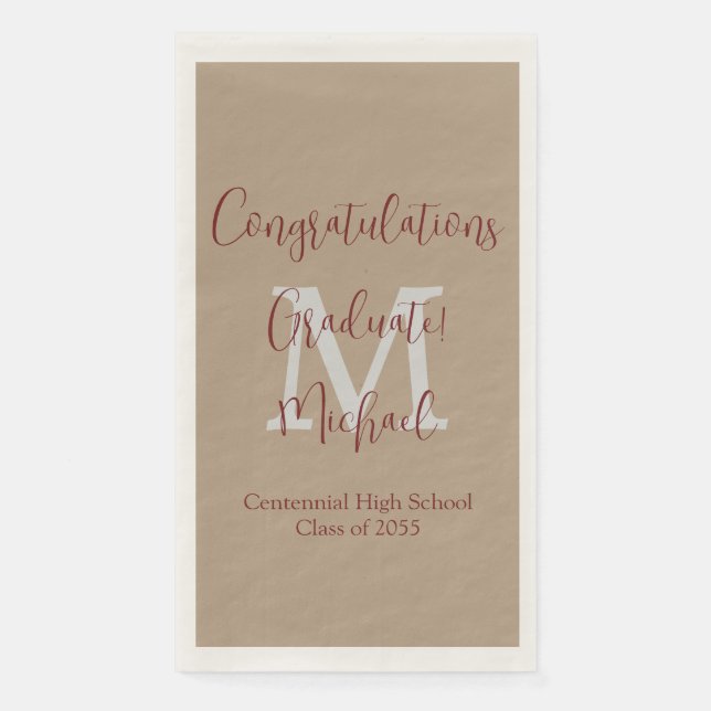 Tan and Brown Monogrammed Minimal Graduation Party Napkin (Front)