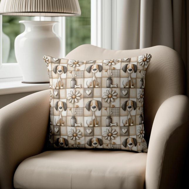 Tan and Brown Patchwork Dog Pattern Cushion (Creator Uploaded)