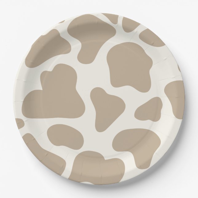 Tan and Cream Cow Print 1st Birthday Paper Plate (Front)