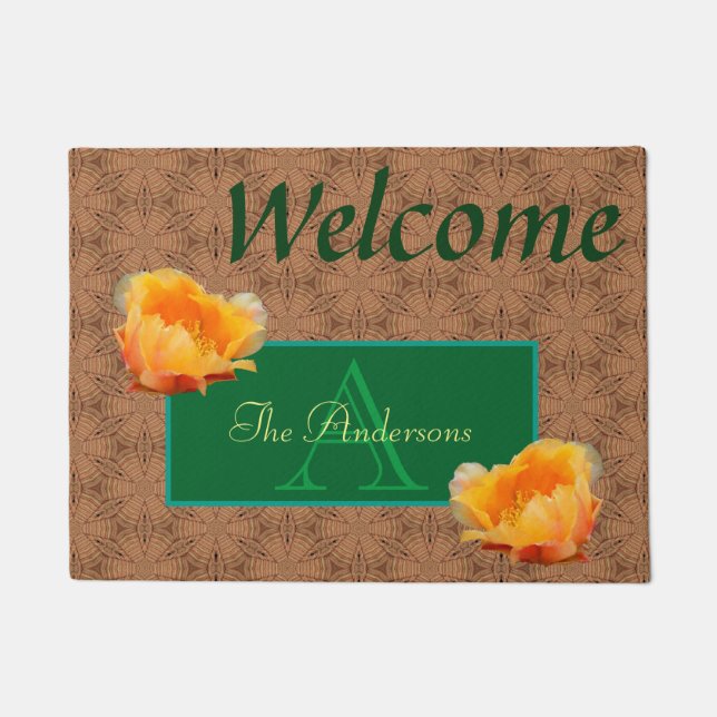 Tan and Green Personalised Monogram Orange Cactus Doormat (Front)