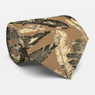 Tan and Grey Leaf Print Mens Tie