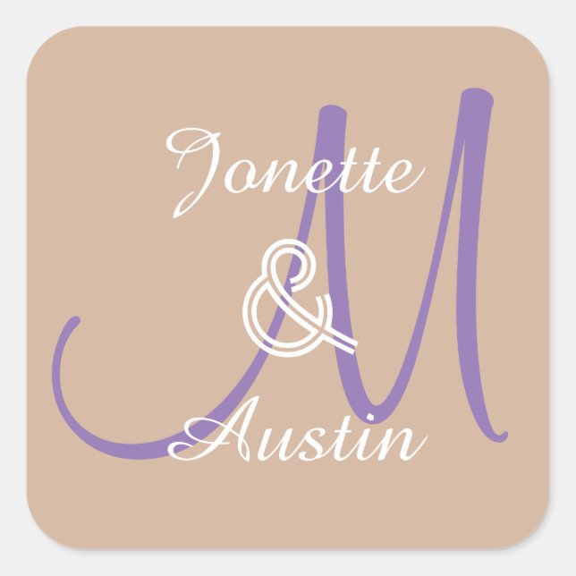 TAN and PURPLE Monogram Wedding Sticker A3 (Front)