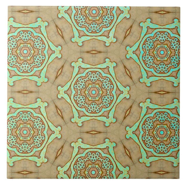 Tan and Turquoise Arabesque  Ceramic Tile (Front)