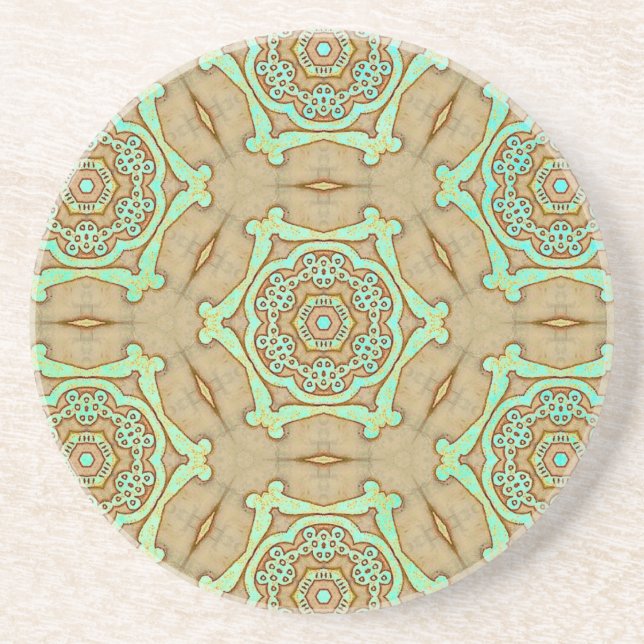 Tan and Turquoise Arabesque  Coaster (Front)