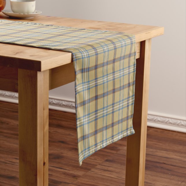Tan and Wedgewood Blue Plaid Short Table Runner (In Situ)