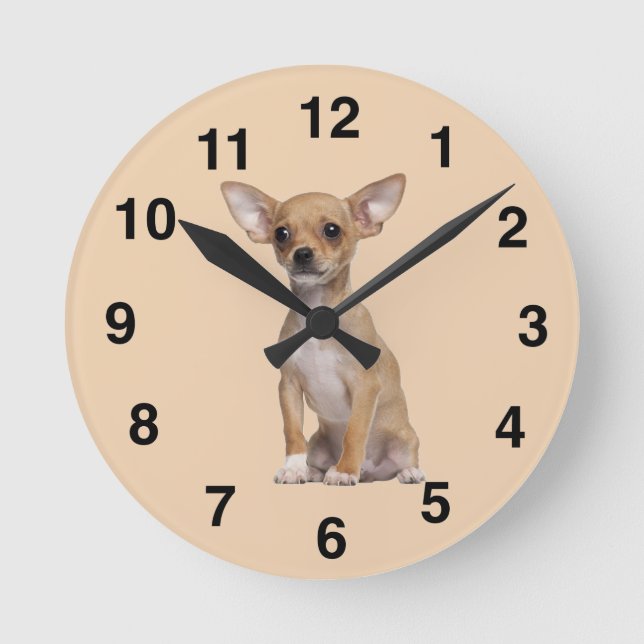 Tan and White Chihuahua Round Clock (Front)