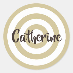 Tan and White Circles Dark Brown Name Classic Round Sticker