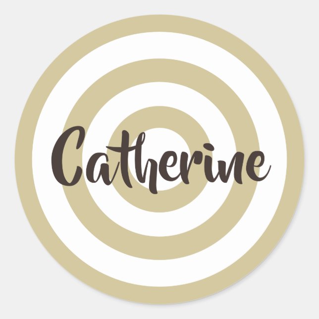 Tan and White Circles Dark Brown Name Classic Round Sticker (Front)