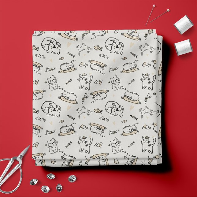 Tan and White 😼 Cute Cat Illustrations  Fabric (Tan and White 😼 Cute Cat Illustrations Fabric 
)