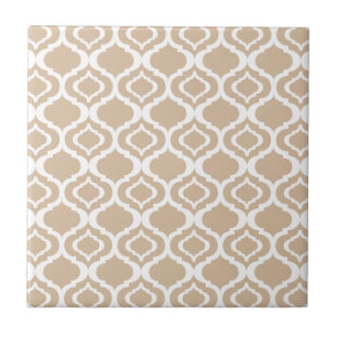Tan and White Geometric Moroccan Lattice Pattern Ceramic Tile