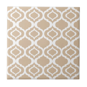Tan and White Geometric Moroccan Lattice Pattern Ceramic Tile
