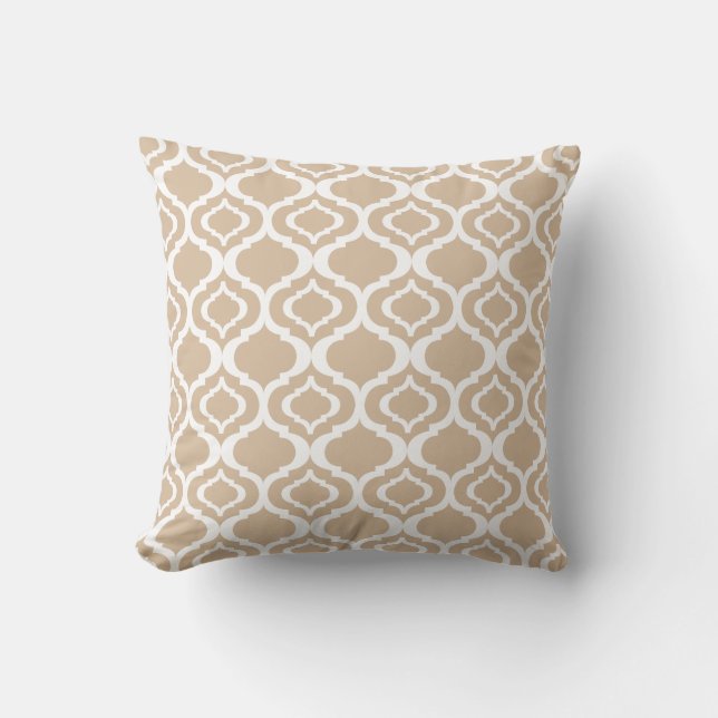 Tan and White Geometric Moroccan Lattice Pattern Cushion (Front)