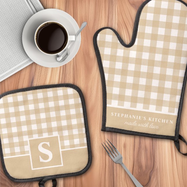 Tan And White Gingham Plaid Chequered Monogrammed Oven Mitt & Pot Holder Set (Creator Uploaded)