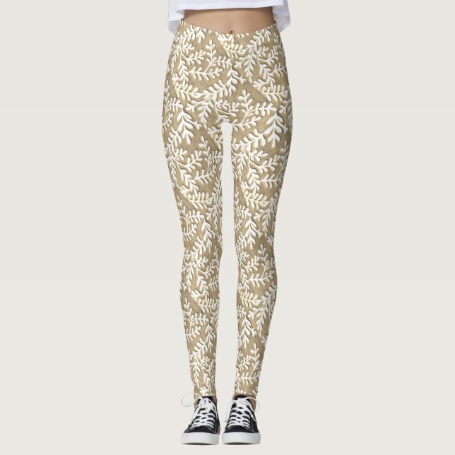  Tan and white Leaves Leggings (Front)