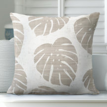 Tan and White Palm Leaves Throw Pillow