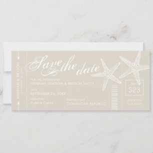 Tan and White Starfish Boarding Pass Ticket Save The Date