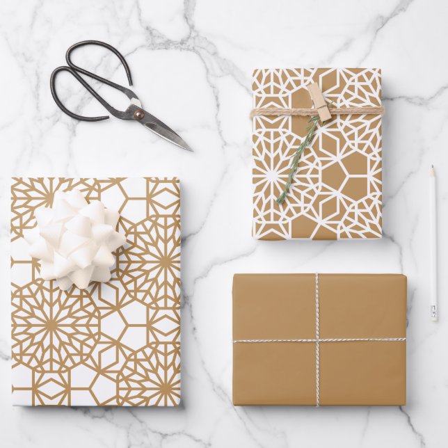 Tan Arabesque Geometric Pattern Wrapping Paper Sheet (Front)