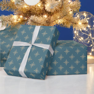 Tan Atomic Starbursts on Blue Mid Century Wrapping Paper