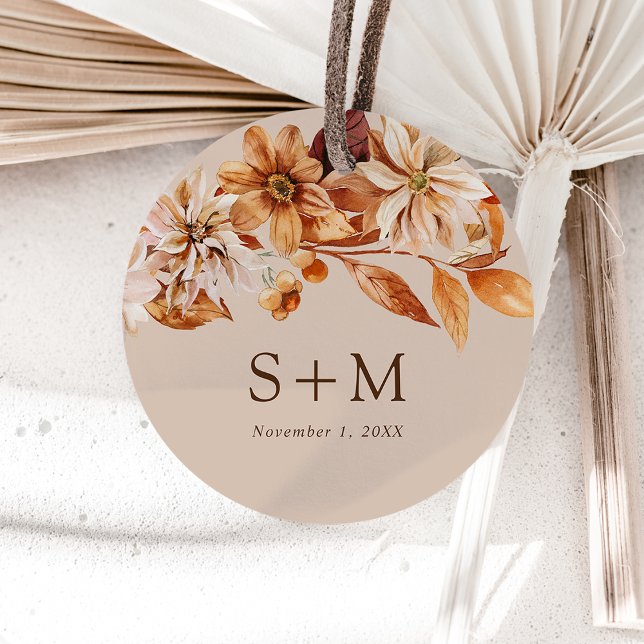 Tan Autumn Leaves Wedding Favour Tags (Tan Autumn Leaves Monogram Wedding Favor Tags by Painted Paperie
)