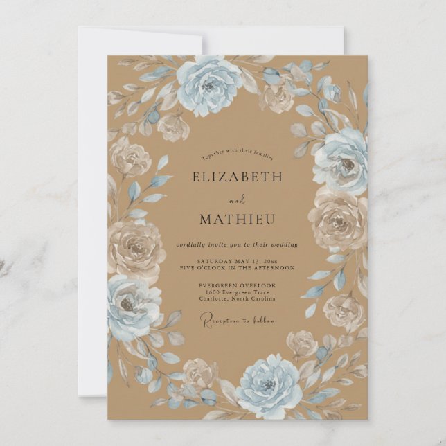 Tan Azure Wreath Wedding Invitation (Front)