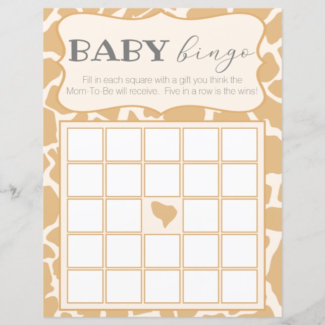Tan Baby Boy Giraffe Baby Bingo (Front)